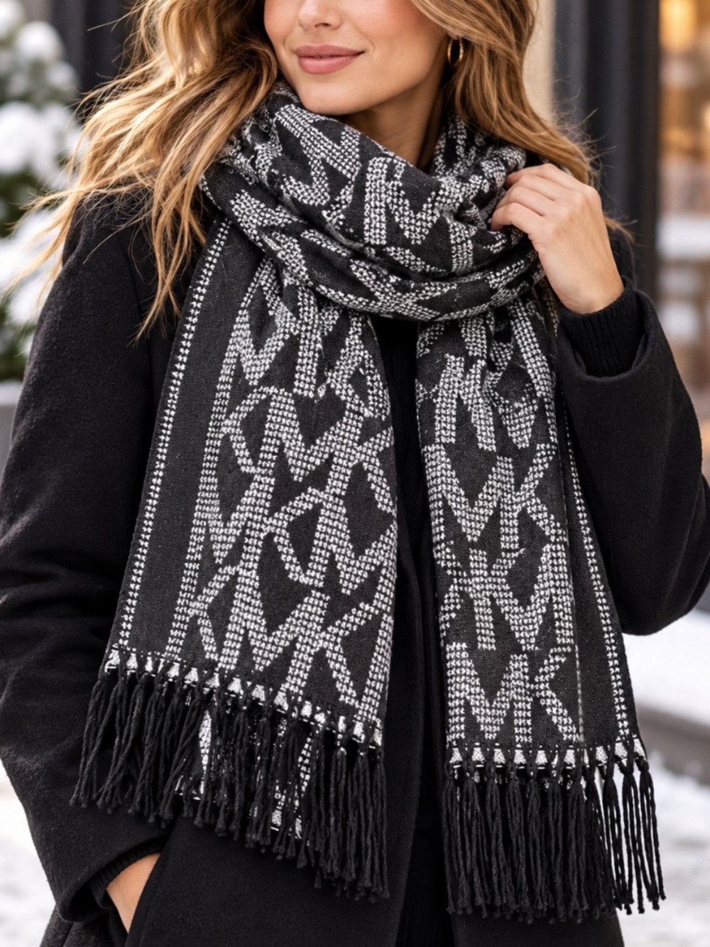NWT Michael Kors MK Monogram Scarf Wrap Black Gray Oversized Fringe 27x76